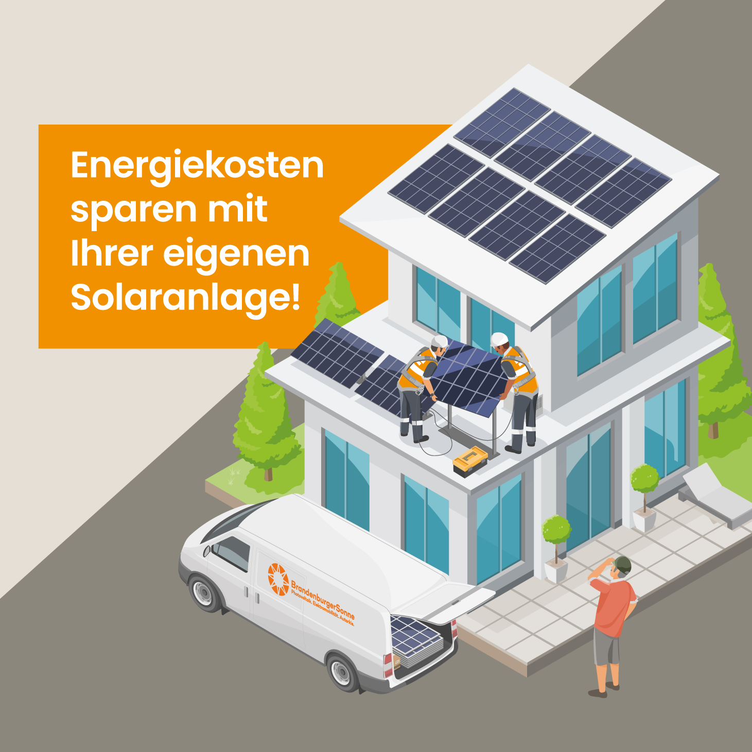 Illustration: Arbeiter, die eine Solaranlage auf dem Dach eines kleinen Hauses montieren